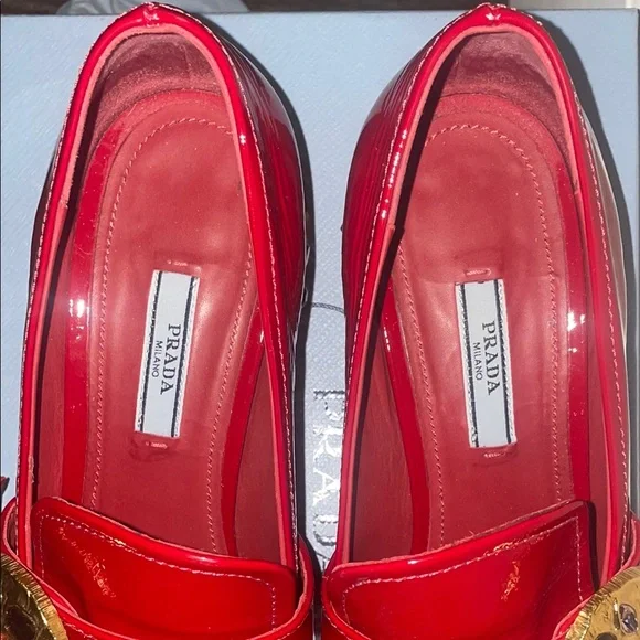Prada Women's Red Patent Leather Loafers with Gold Accents - Picture 8 of 16